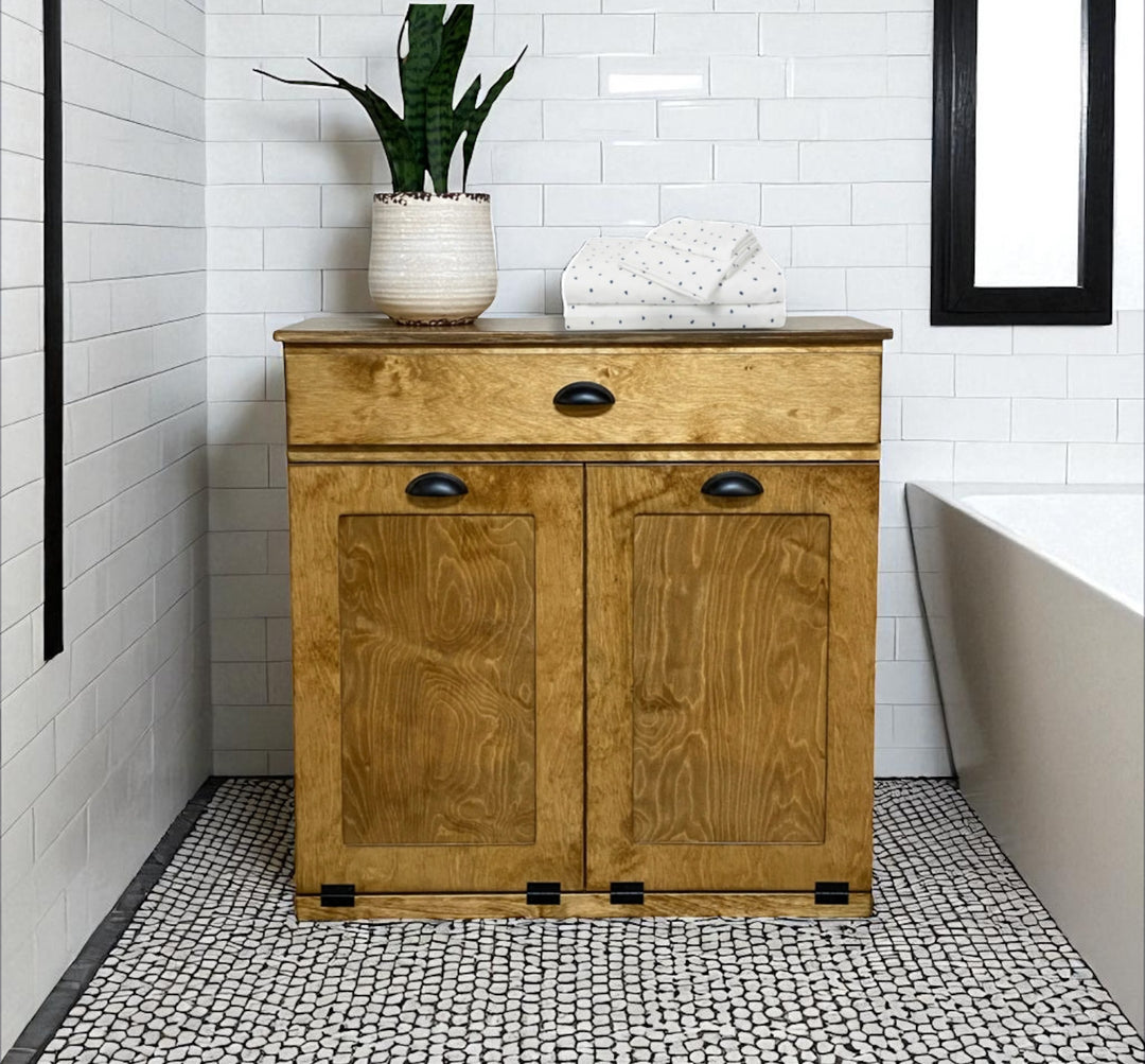 Double laundry with a storage drawer in golden oak counter high