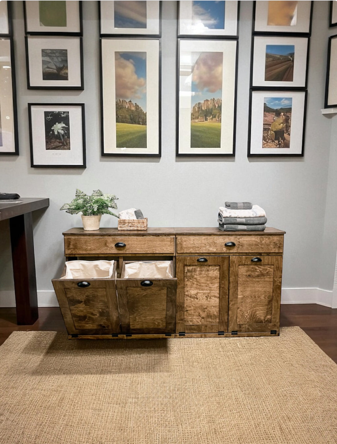 Quad laundry with a storage drawer in warm brown stain