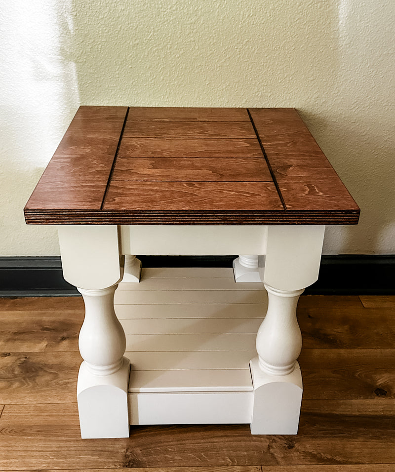 Rustic baluster farmhouse end table in red oak