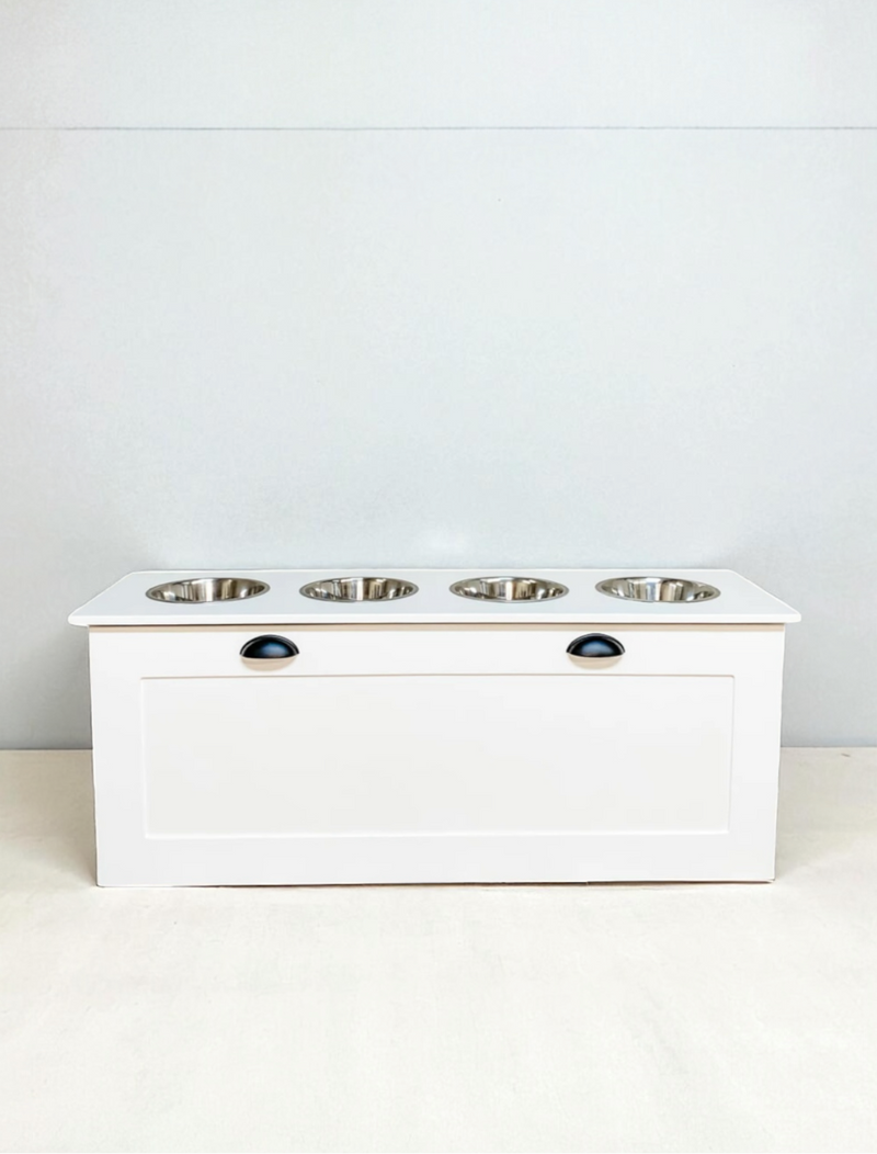 Four bowl large size white elevated dog feeder -