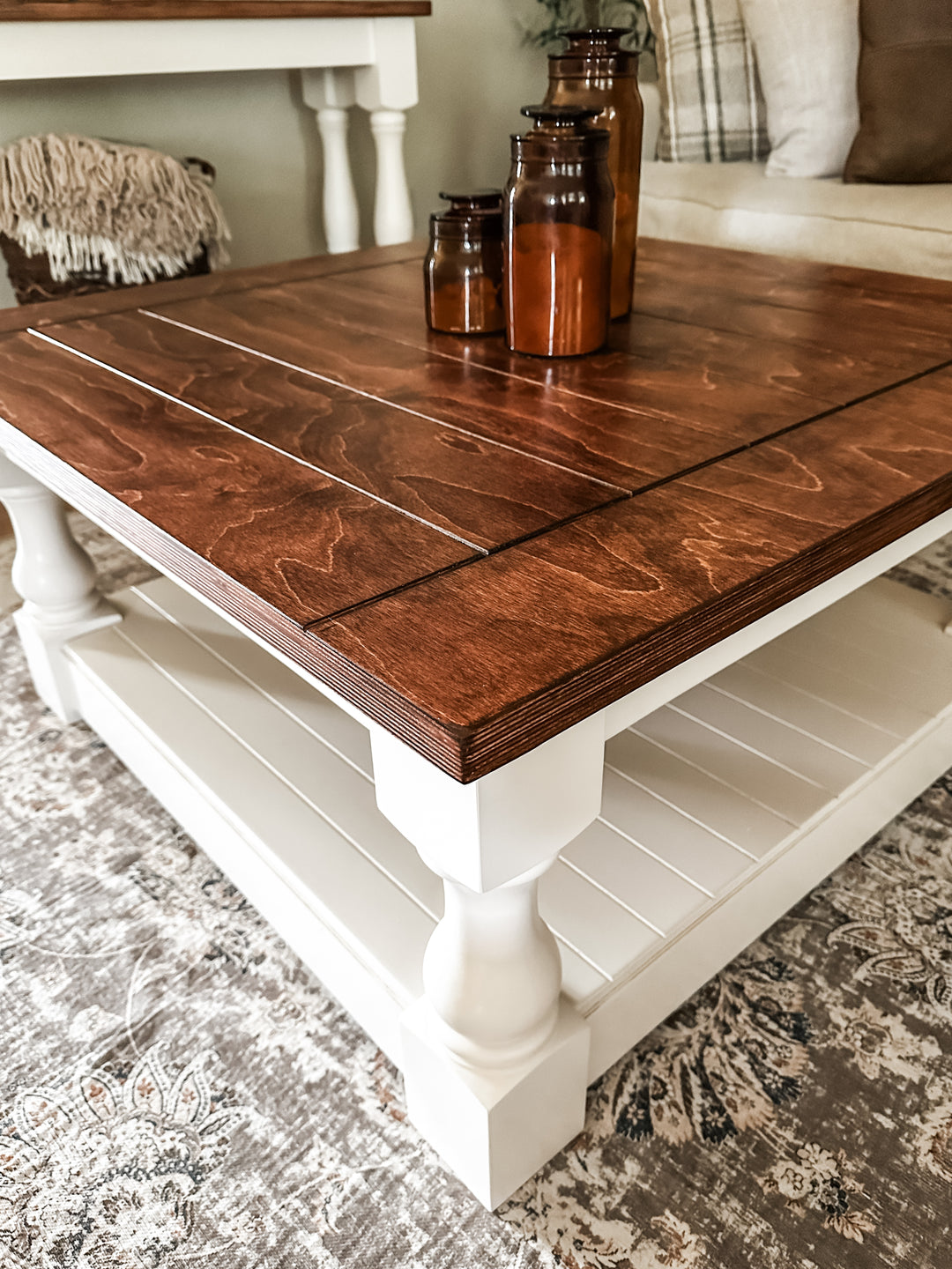 Rustic baluster square farmhouse coffee table in red oak