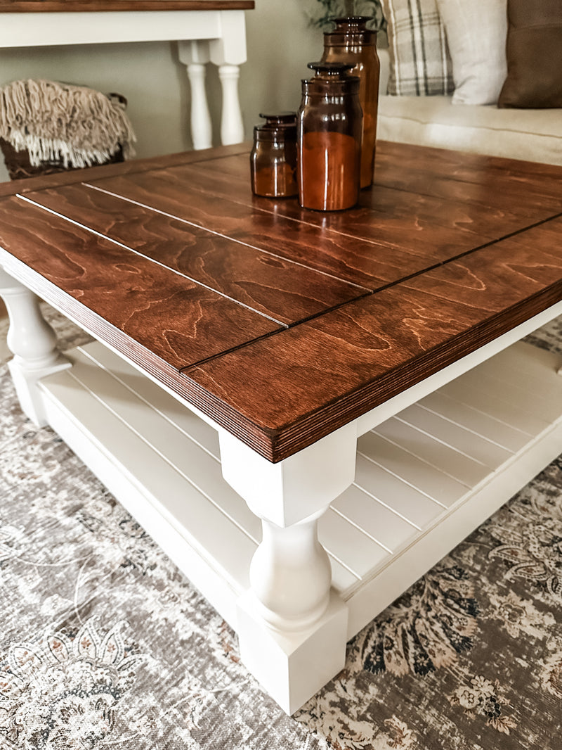 Rustic baluster square farmhouse coffee table in red oak