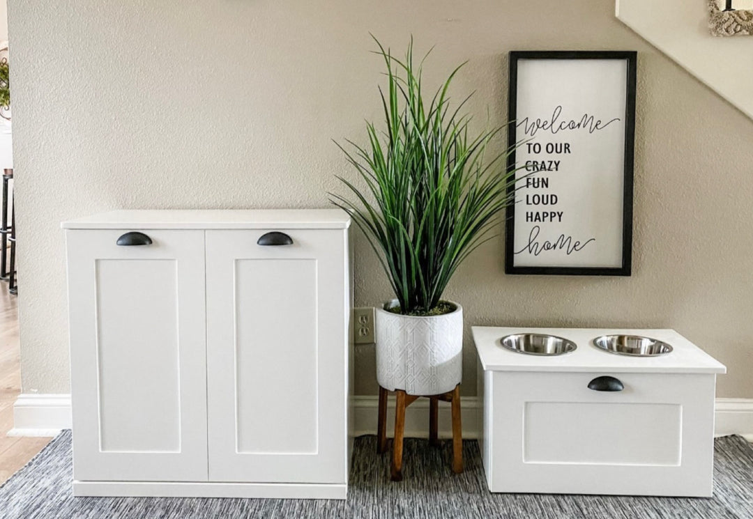 Double style pet food storage in white farmhouse style