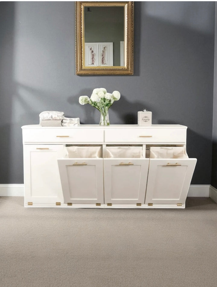 Four bin laundry sorter with a storage drawer in white