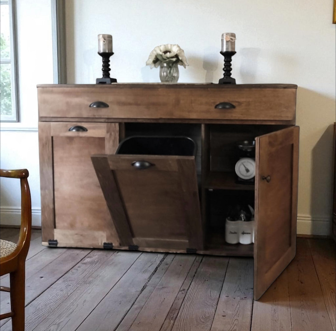 Triple with storage and cabinet in warm brown stain