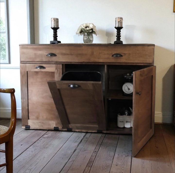 Triple with storage and cabinet in warm brown stain