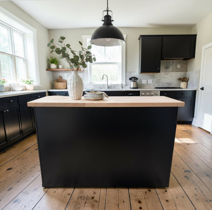 Handmade Kitchen Island with Pull-Out Trash Cabinet &amp; Drawers - Butcher Block Top