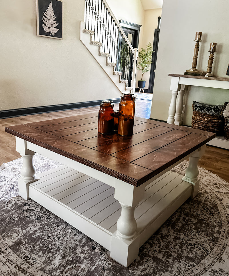 Rustic baluster square farmhouse coffee table in red oak