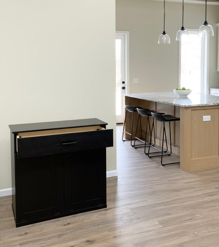 Free standing hidden trash cabinet with a storage drawer in black stain