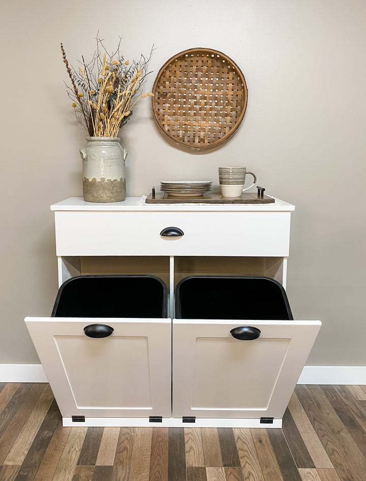 Handcrafted double hidden trash cabinet + storage drawer in white