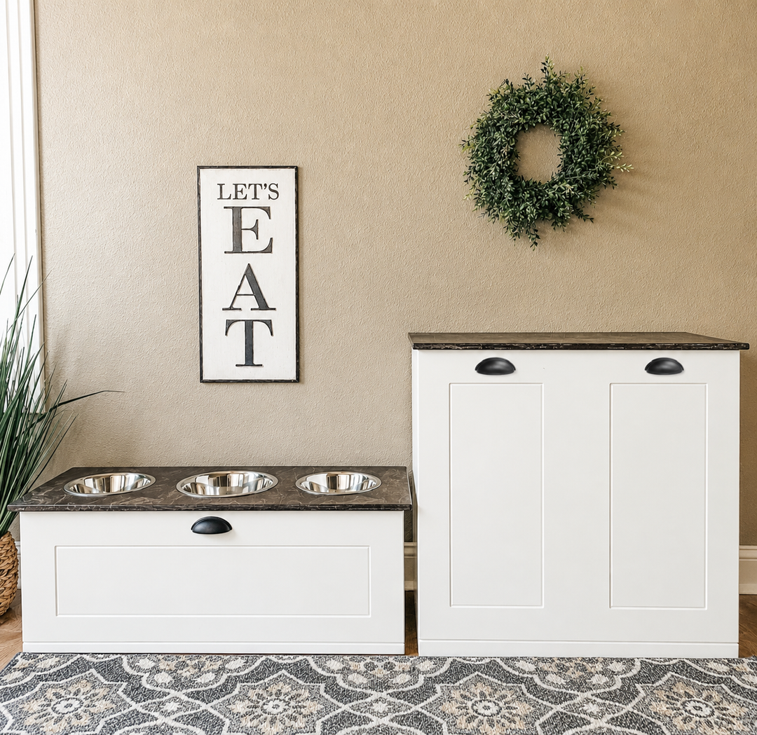 Double style pet food storage farmhouse style with stained top