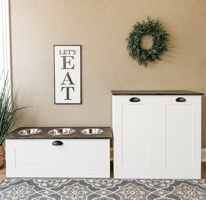 Double style pet food storage farmhouse style with stained top