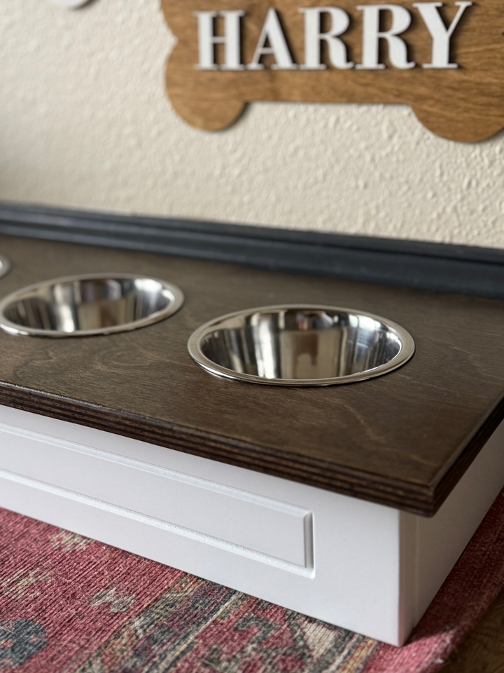 Two bowl small size elevated pet feeder in white with an dark brown stain top