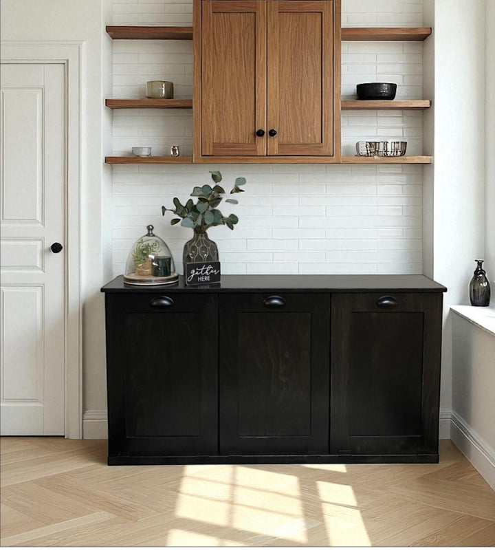 Sleek triple tilt-out trash cabinet in black stain