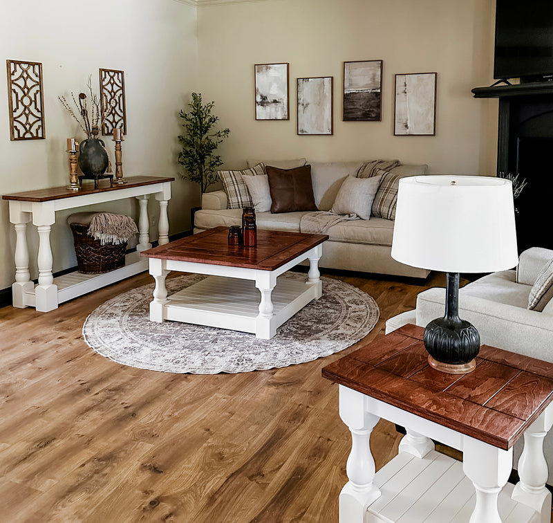 Rustic baluster farmhouse end table in red oak