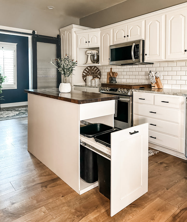 Kitchen Island with Pull-Out Trash Cabinet &amp; Drawers - Butcher Block Top - Handmade