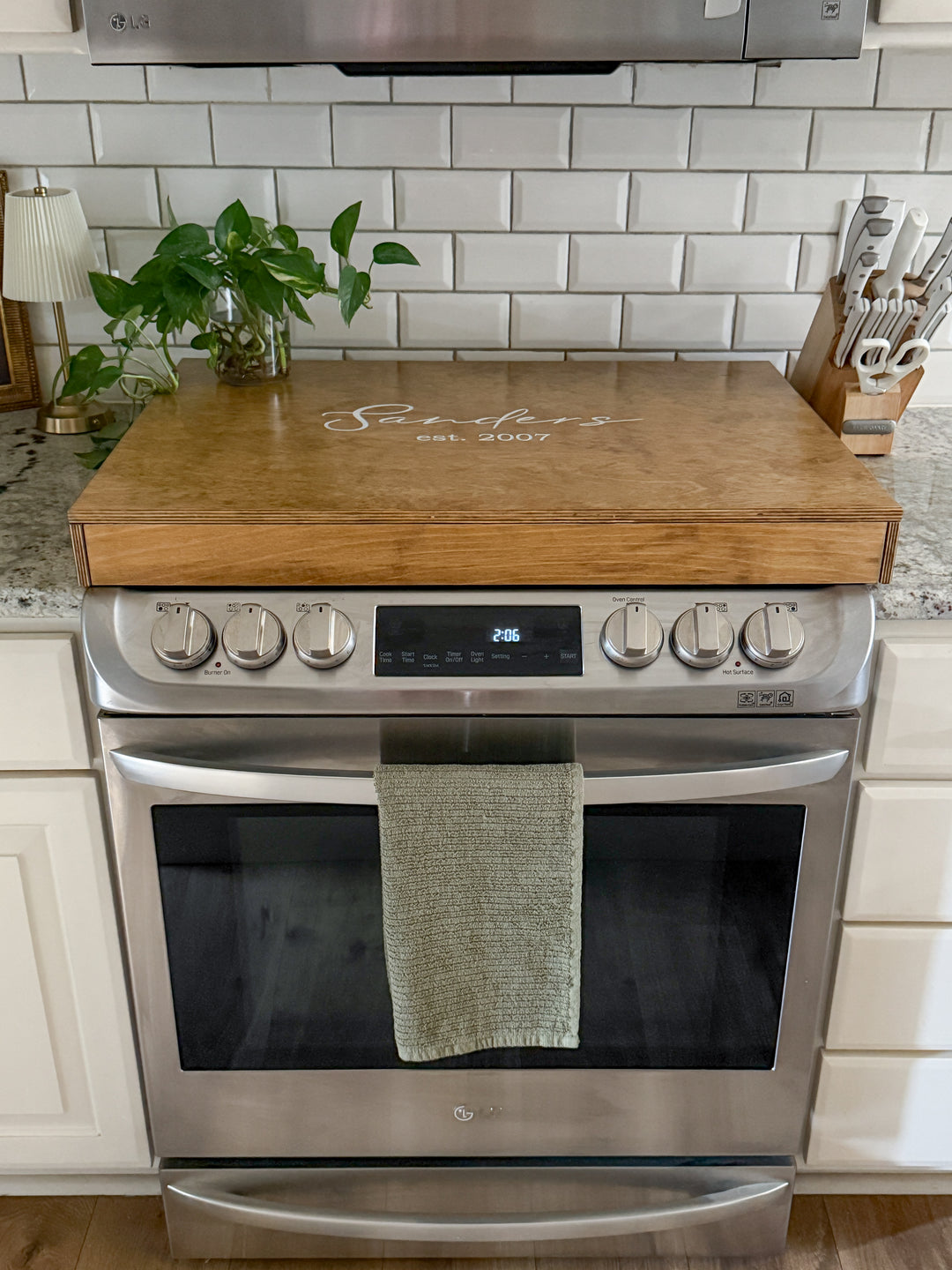 Personalized "Valencia" stove cover, golden oak + soft white