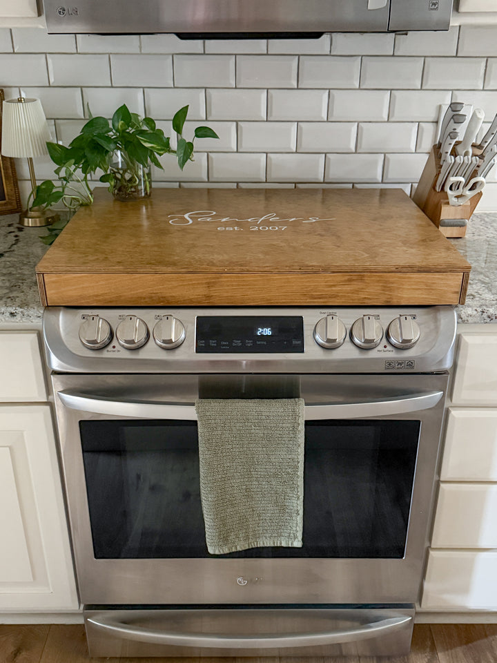 Personalized "Valencia" stove cover, golden oak + soft white