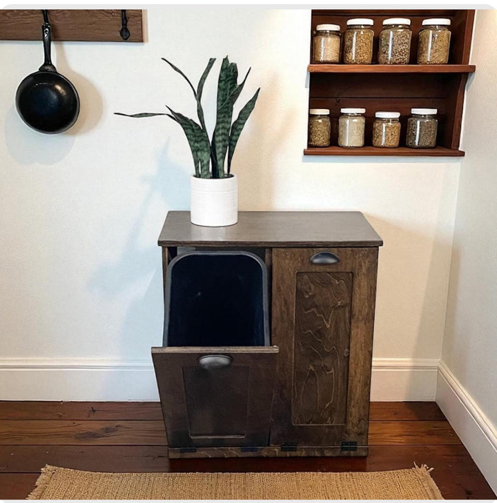 Furniture style slim double trash cabinet in dark brown