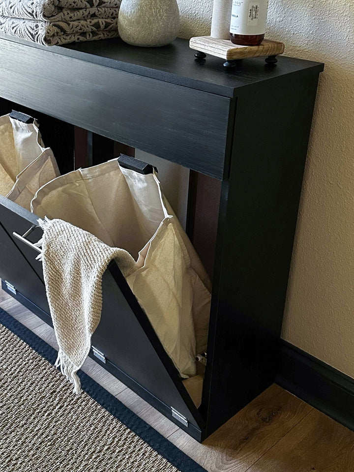 Furniture style laundry with a storage drawer in black stain