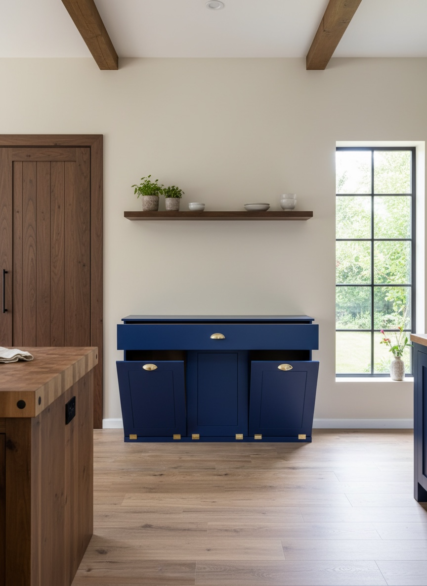 Beautiful triple trash cabinet with a storage drawer in blue
