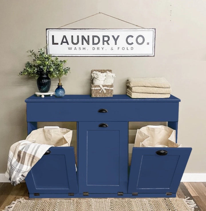 Counter tall freestanding 3 bin laundry hamper with a storage drawer in blue