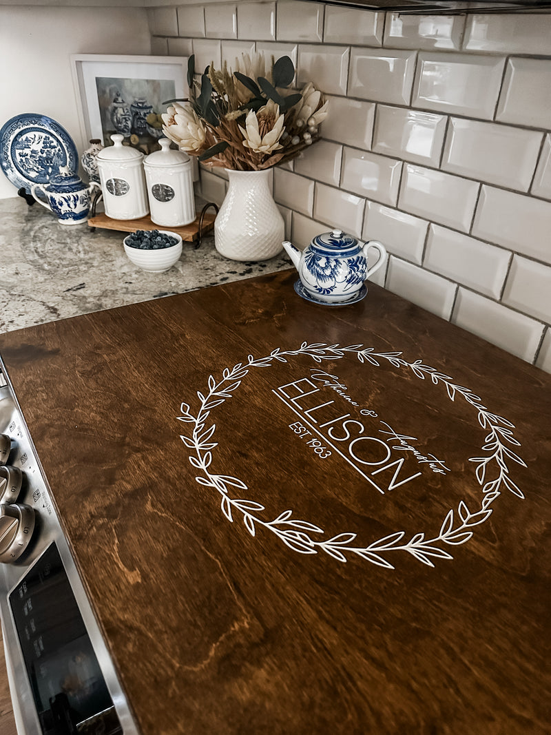 Personalized wedding/anniversary stove cover in warm brown Ellison