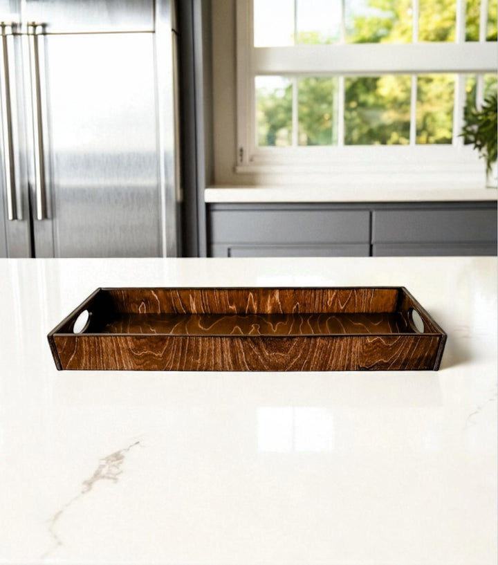 Counter organizer tray in warm brown stain