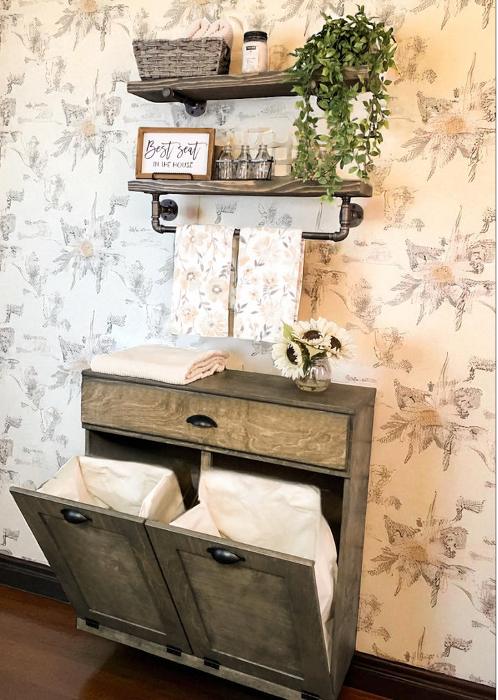Double laundry hamper with a storage drawer in aged barrel stain