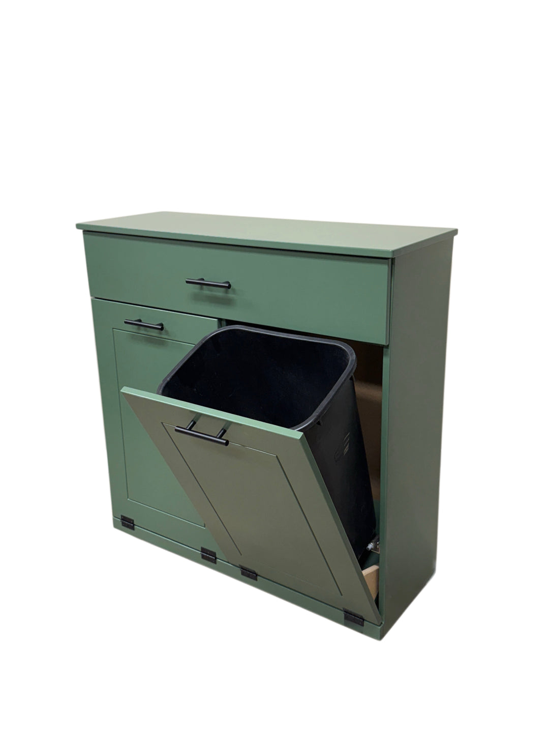 Hidden trash and recycling cabinet with a storage drawer in green