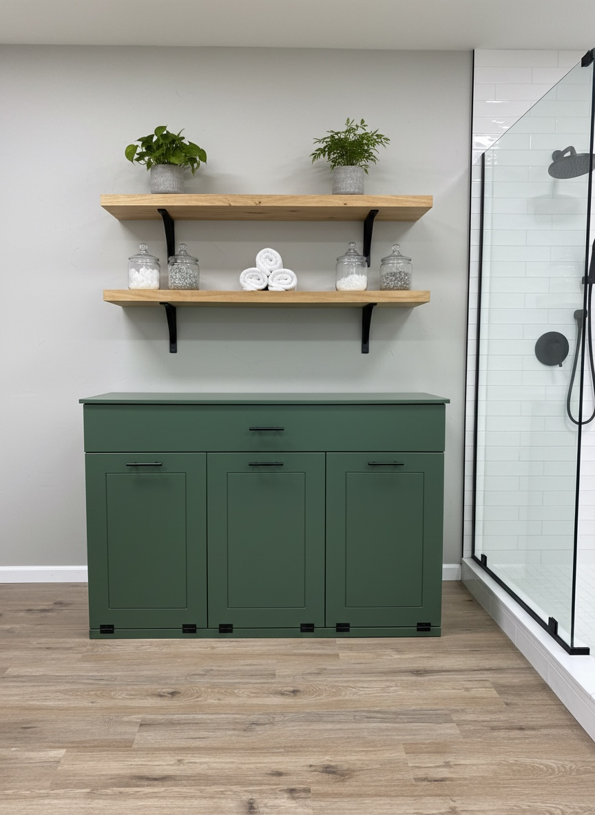 Freestanding Triple laundry with a storage drawer in green