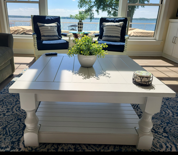 Rustic baluster square farmhouse coffee table all over painted and distressed