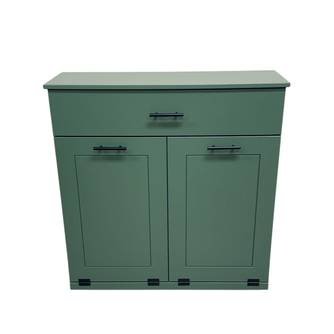 Hidden trash and recycling cabinet with a storage drawer in green