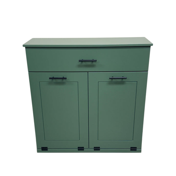 Hidden trash and recycling cabinet with a storage drawer in green