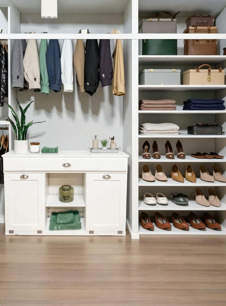 Triple laundry with a storage drawer and open shelving in white