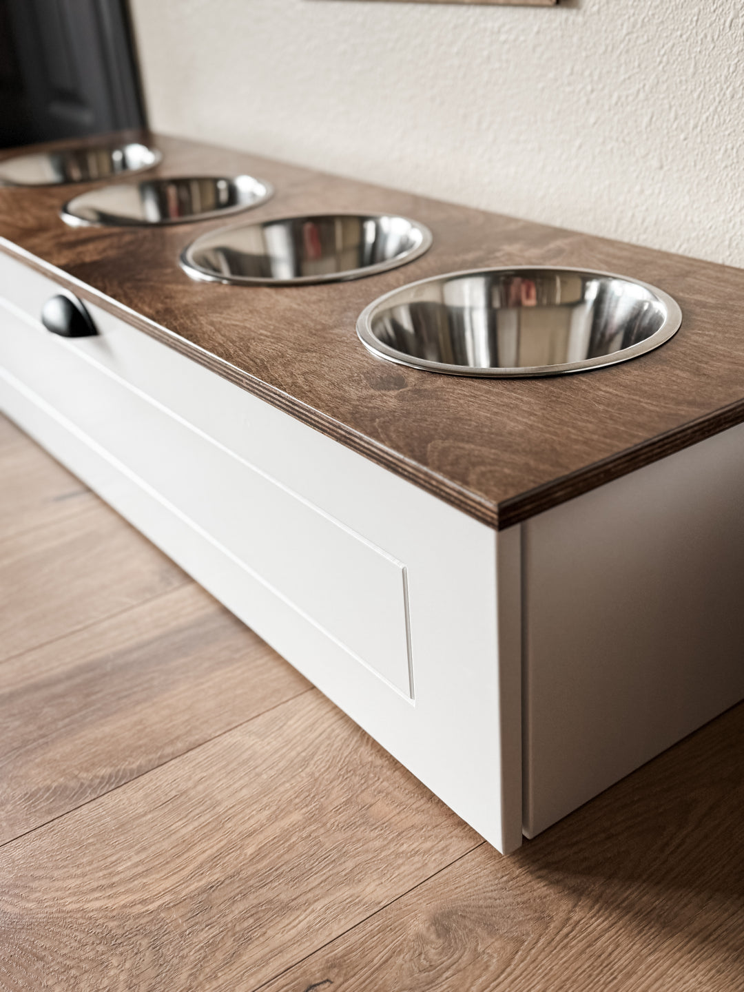 Four bowl large size white elevated dog feeder with drawer