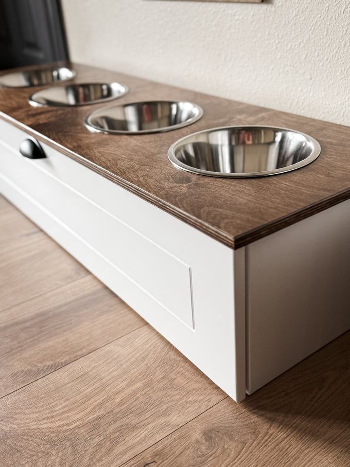 Four bowl large size white elevated dog feeder with drawer