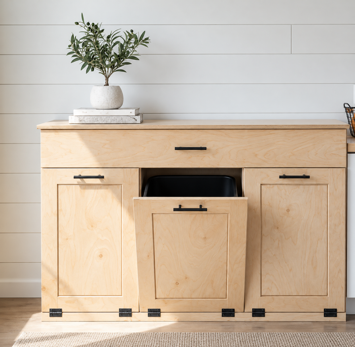 Handmade triple trash cabinet with storage drawer in bare wood - raw