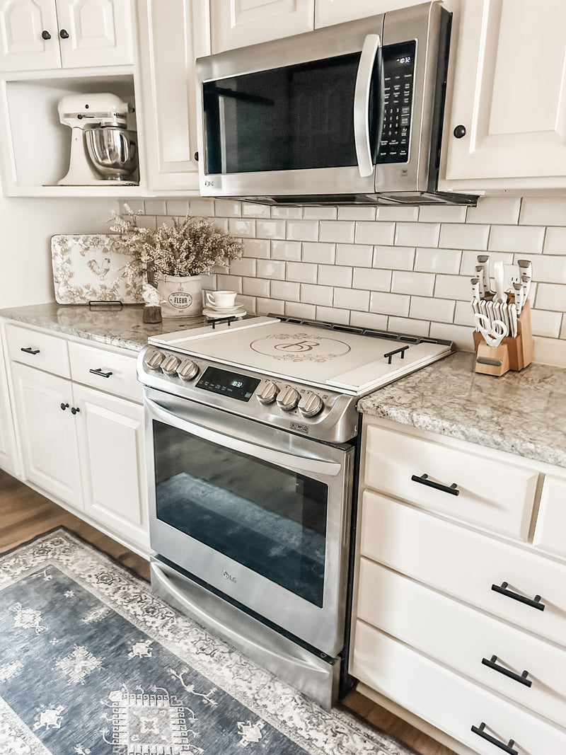 Personalized initial stove cover, ivory distressed, floral