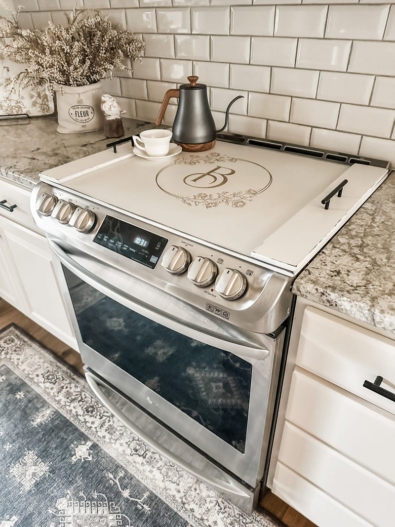 Personalized initial stove cover, ivory distressed, floral