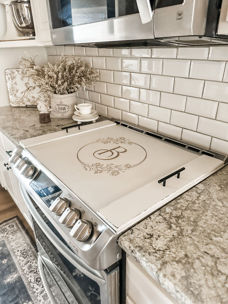 Personalized initial stove cover, ivory distressed, floral