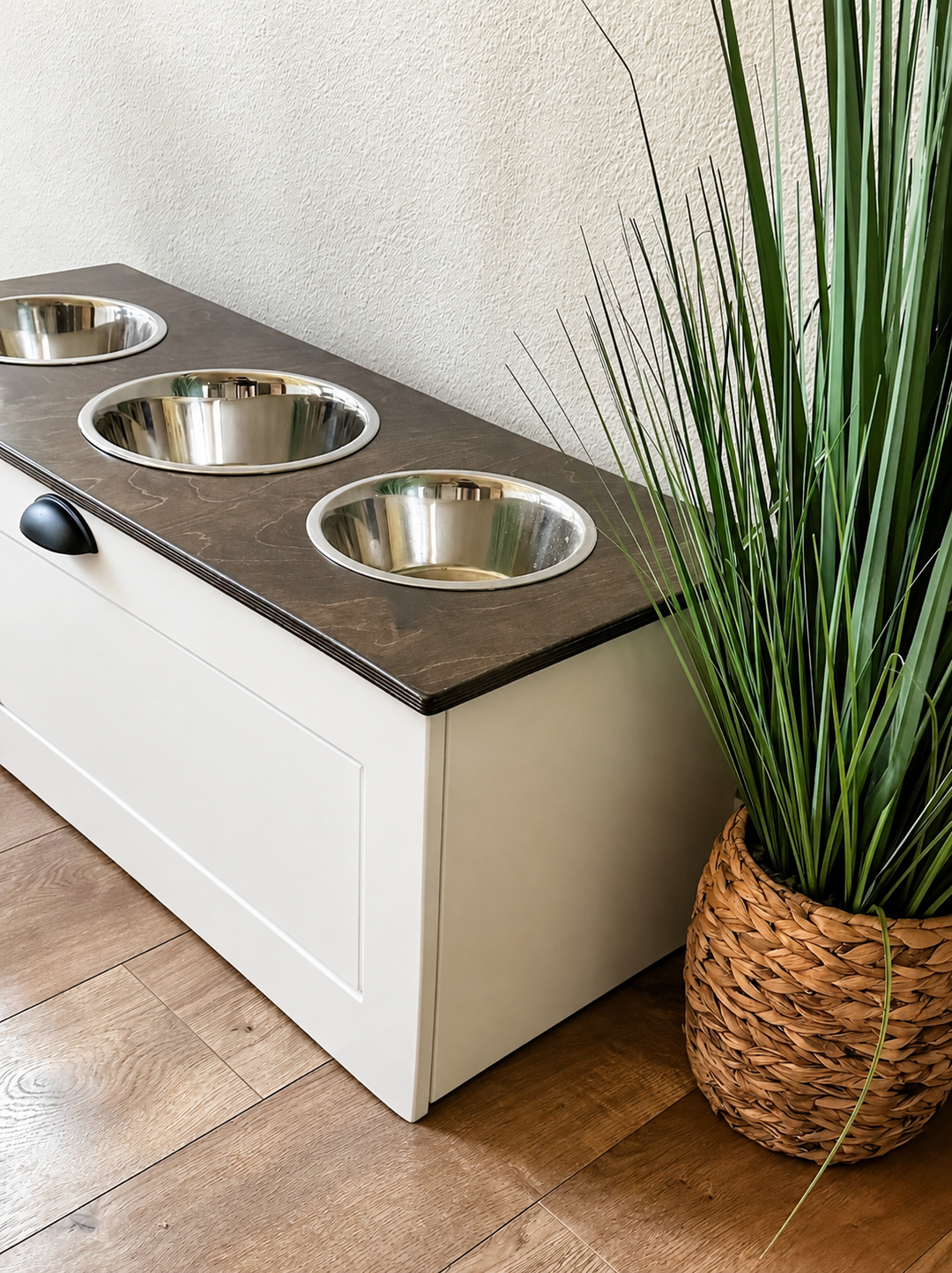 3 bowl elevated pet feeder with storage drawer farmhouse style