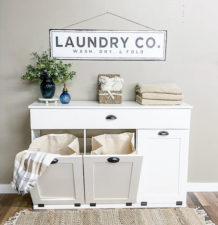 Triple counter tall laundry with a storage drawer in white