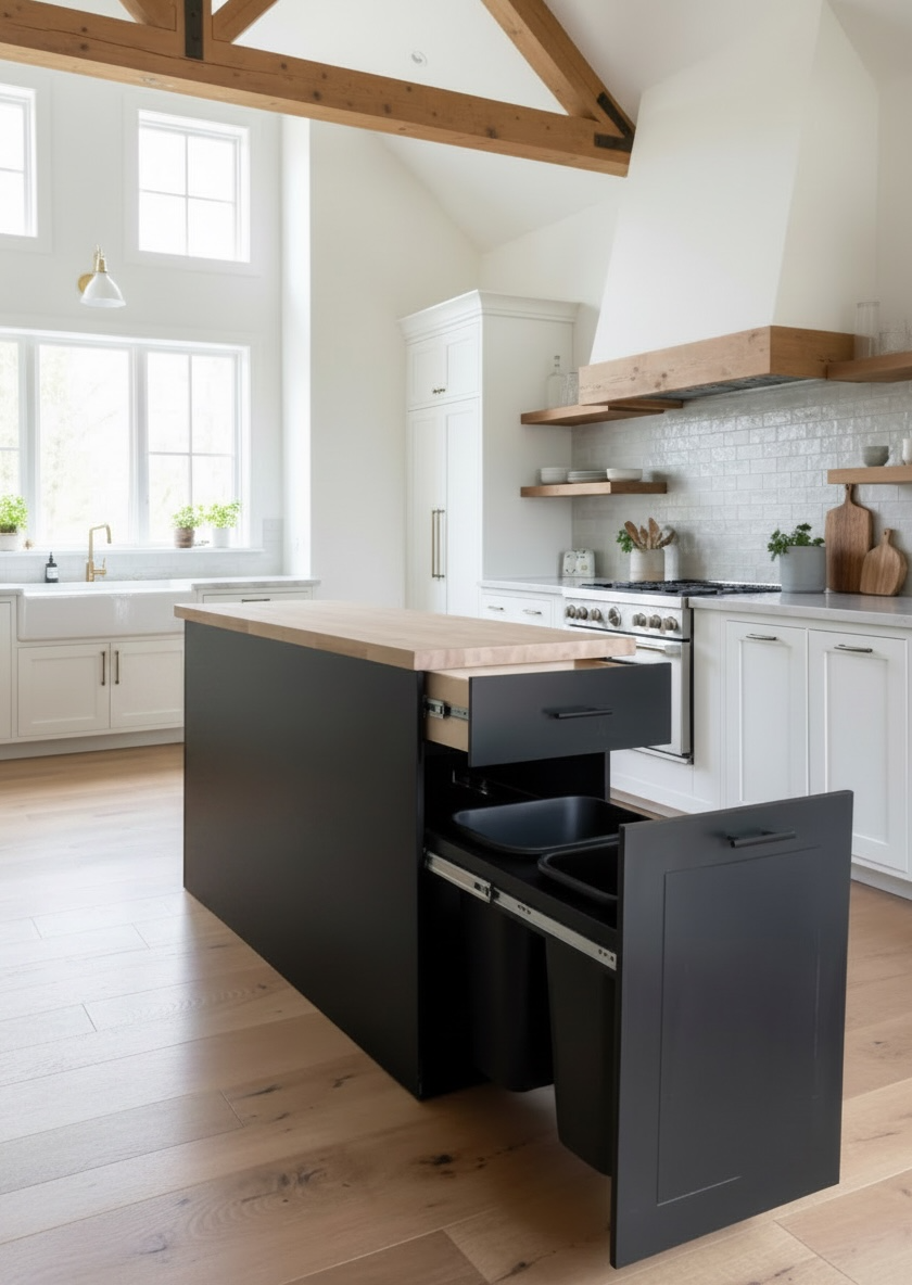 Handmade Kitchen Island with Pull-Out Trash Cabinet &amp; Drawers - Butcher Block Top