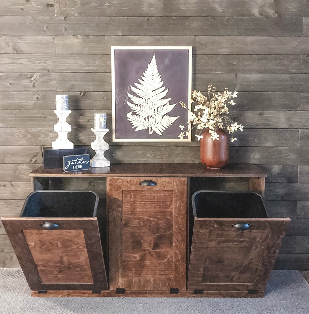 Stand alone triple trash cabinet in warm brown stain