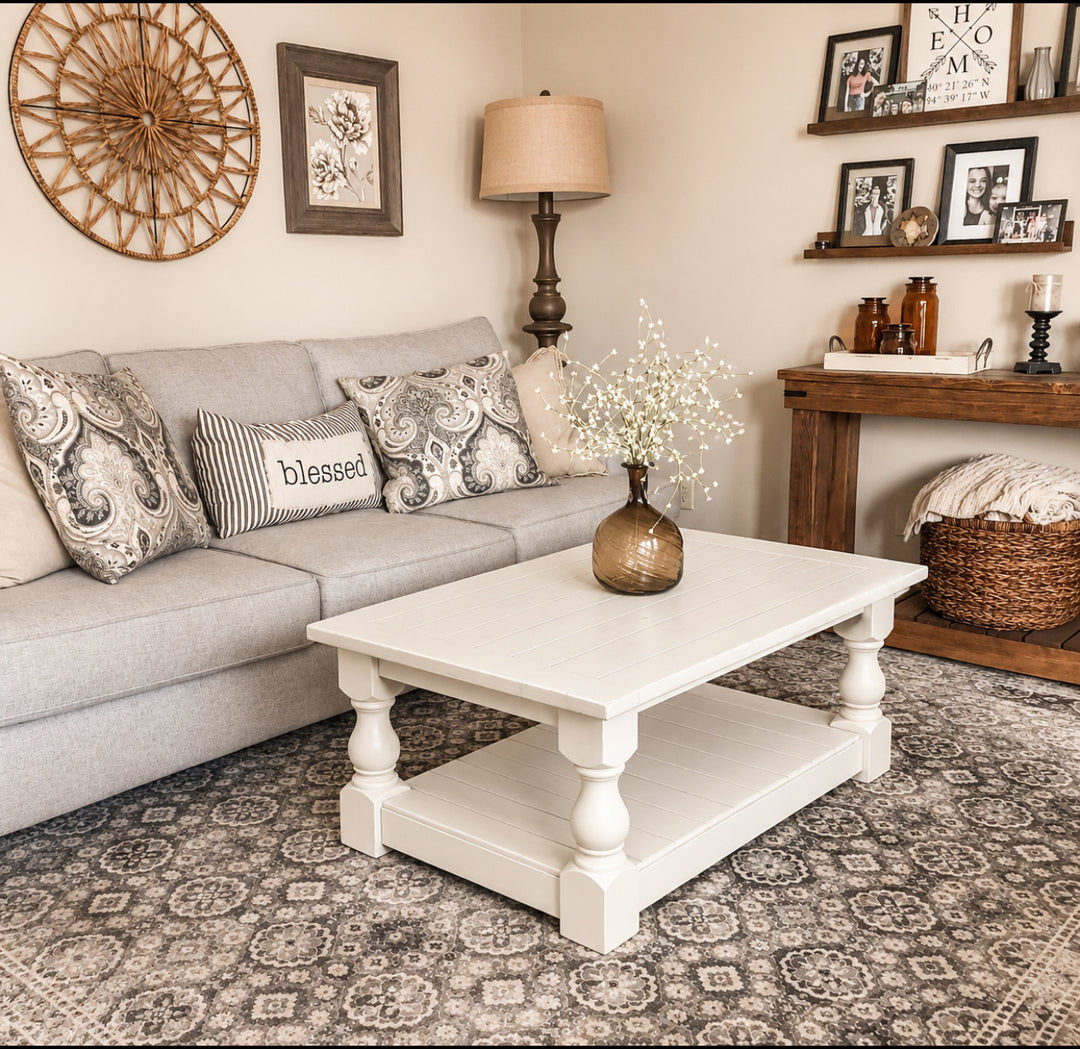 Rustic baluster farmhouse coffee table distressed rectangle all over distressed paint
