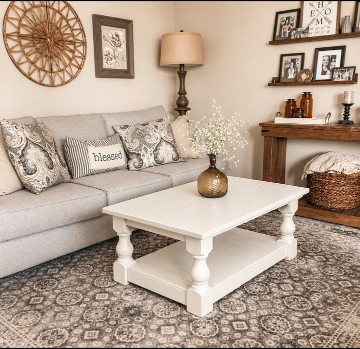 Rustic baluster farmhouse coffee table distressed rectangle all over distressed paint