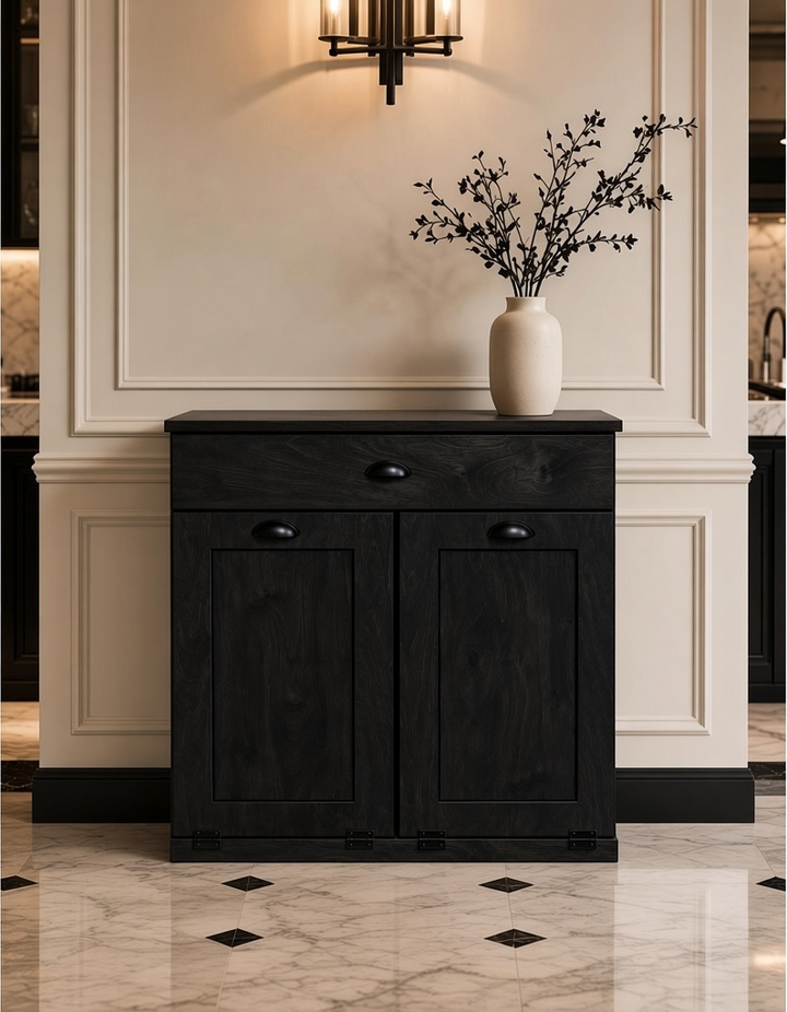 Free standing hidden trash cabinet with a storage drawer in black stain
