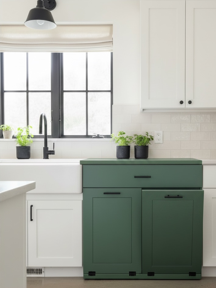 Hidden trash and recycling cabinet with a storage drawer in green
