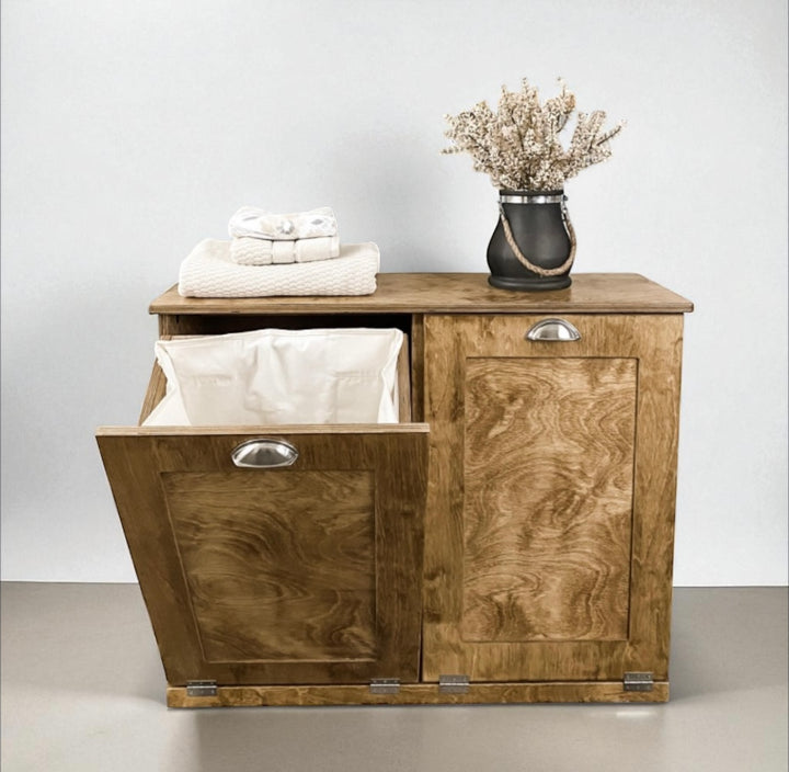 Furniture style handmade double tilt-out cabinet in golden oak stain